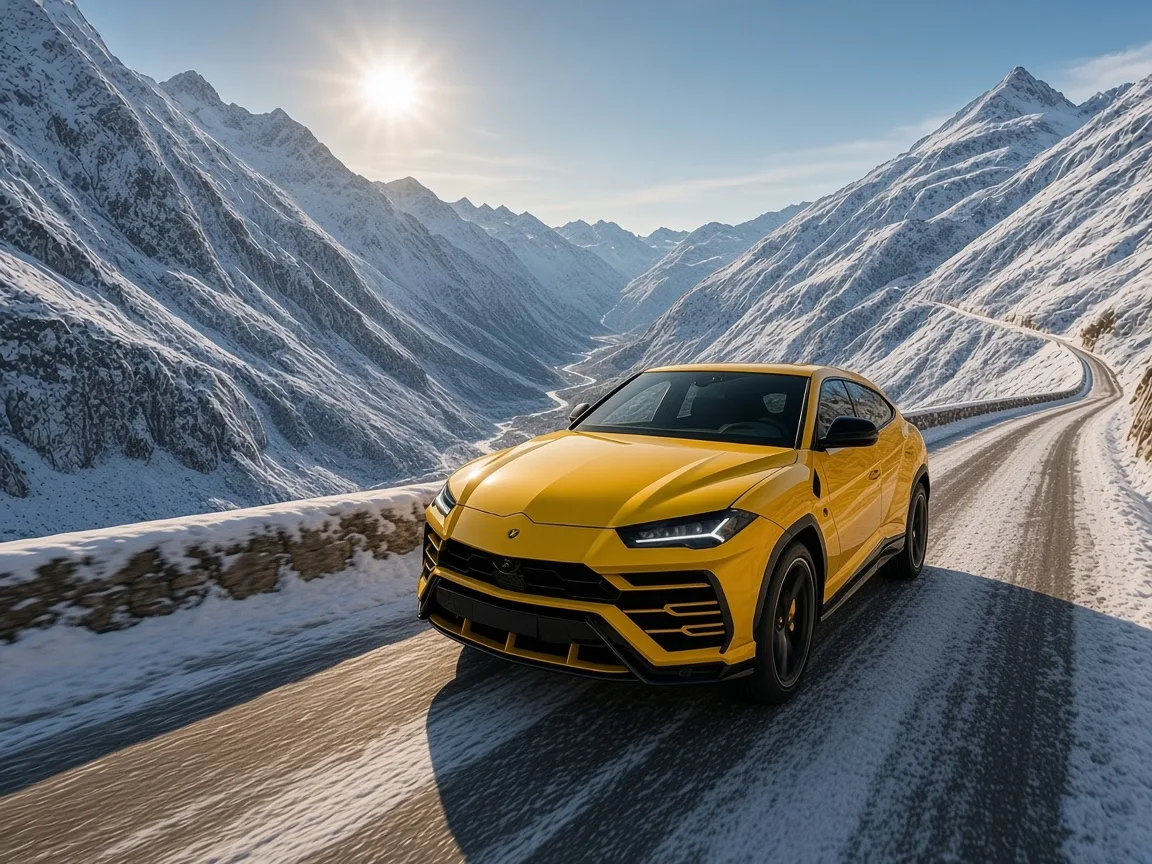 Lamborghini Urus sur une route de montagne enneigée